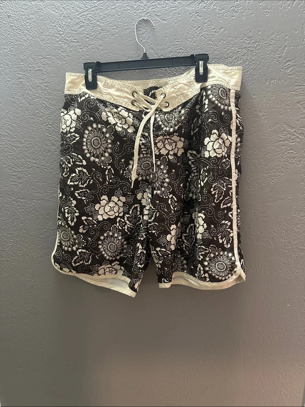 Old Navy Black & Cream Floral Lace-Up Swim Trunks